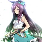  1girl animal_ears aqua_bow aqua_ribbon bow breasts ear_ribbon gloves green_skirt hair_bow hand_on_hip horse_ears horse_girl horse_tail long_hair looking_at_viewer medium_breasts mejiro_dober_(umamusume) nakahira_guy purple_eyes purple_hair ribbon shirt simple_background skirt sleeveless sleeveless_shirt solo sweat tail umamusume white_background white_gloves white_shirt 