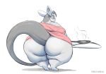  2022 anthro big_butt bottomless butt clothed clothing cooking cookware digital_media_(artwork) eyewear female frying_pan fur gillpanda glasses grey_body grey_fur hi_res huge_butt huge_hips huge_thighs kitchen_utensils looking_at_viewer looking_back mammal mature_female nintendo overweight overweight_female pok&eacute;mon pok&eacute;mon_(species) raichu rear_view rodent solo thick_thighs tools topwear topwear_only video_games wide_hips 
