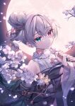  1girl 25-ji_night_code_de._(project_sekai) aqua_eyes aqua_hair arm_at_side backlighting bare_shoulders branch buttons cherry_blossoms closed_mouth doily dot_nose eyebrows_visible_through_hair flower full_moon gin_(gin937) gold_trim grey_hair grey_kimono hair_between_eyes hair_bun hair_flower hair_ornament hairpin halterneck hand_up hatsune_miku head_tilt heterochromia highres holding holding_flower japanese_clothes kimono light_particles looking_afar moon moonlight multicolored_hair night night_sky official_alternate_costume petals pink_eyes pink_flower project_sekai shadow side_bun sideways_glance sky solo streaked_hair tassel tassel_hair_ornament tsurime vocaloid 