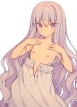  1girl bare_shoulders blush clothes_down cowboy_shot dot_mouth dress everyntrge flat_chest grey_hair highres long_hair looking_at_viewer original purple_eyes simple_background solo very_long_hair wavy_hair white_background white_dress 