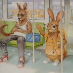  2021 anthro backpack bottomwear cellphone clothing detailed_background duo eyewear glasses headphones hi_res humanoid_hands inside joaquincarre kangaroo lagomorph leporid macropod male mammal marsupial pants phone rabbit rapid_transit shirt sitting smartphone topwear 