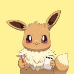  2022 brown_body brown_ears brown_fur brown_tail drunk_oak eevee fur fur_tuft holding_note_pad holding_object holding_pencil nintendo note_pad open_mouth pencil_(object) pok&eacute;mon pok&eacute;mon_(species) simple_background solo teeth tuft video_games yellow_background 