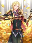  1boy armor bangs belt black_gloves black_jacket black_pants blonde_hair bolo_tie buttons chest_harness coattails coin collared_shirt copyright_name cowboy_shot double-breasted earrings fugou_arthur gem glint gloves harness holding holding_sword holding_weapon jacket jewelry kai-ri-sei_million_arthur looking_at_viewer low_ponytail male_focus million_arthur_(series) monocle open_collar pants parted_bangs red_eyes sheath shirt shoulder_armor smile solo striped striped_shirt sword tenyo0819 treasure_chest untucked_shirt vambraces vertical-striped_shirt vertical_stripes weapon white_shirt 