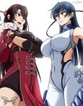  2girls :d arms_under_breasts bangs beidou_(genshin_impact) blue_hair bodysuit breasts brown_gloves brown_hair china_dress chinese_clothes crossover dress english_commentary eyepatch fingerless_gloves genshin_impact gloves green_eyes hair_ornament hair_over_one_eye highres igawa_asagi large_breasts long_hair mixed-language_commentary multiple_girls ninja open_mouth red_dress red_eyes remchi301 signature simple_background smile taimanin_(series) taimanin_asagi white_background white_bodysuit 