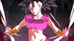  1girl black_eyes black_hair breasts collarbone commentary_request dragon_ball dragon_ball_super earrings energy_beam jewelry kefla_(dragon_ball) large_breasts looking_at_viewer midriff navel outstretched_arms parted_lips potara_earrings rom_(20) saiyan short_hair smile solo 