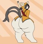  2_tails anthro arc_system_works big_butt blazblue butt clothing eye_patch eyewear felid feline hi_res hoodie jubei_(blazblue) looking_at_viewer looking_back male mammal melee_weapon mr_rottson multi_tail solo sword topwear video_games weapon 