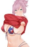  1girl american_flag_bikini arind_yudha asymmetrical_hair bangs bikini bikini_under_clothes blue_eyes breasts clothes_lift fate/grand_order fate_(series) flag_print front-tie_bikini front-tie_top highres large_breasts lifted_by_self light_purple_hair long_hair long_sleeves miyamoto_musashi_(fate) miyamoto_musashi_(swimsuit_berserker)_(fate) miyamoto_musashi_(swimsuit_berserker)_(second_ascension)_(fate) multi-strapped_bikini navel off-shoulder_sweater off_shoulder red_sweater single_hair_intake smile solo sweater sweater_lift swept_bangs swimsuit upper_body 