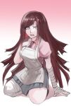  1girl apron bandaged_arm bandaged_leg bandages bangs breasts brown_hair collared_shirt danganronpa_(series) danganronpa_2:_goodbye_despair gradient gradient_background grey_apron grey_background gumi_(the_eye_of_darkness) hand_up highres kneeling large_breasts open_mouth pink_eyes pink_shirt pleated_skirt puffy_short_sleeves puffy_sleeves red_hair shiny shiny_hair shirt short_sleeves simple_background skirt solo tearing_up teeth tsumiki_mikan upper_teeth 