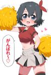  1girl adapted_costume black_gloves black_hair black_legwear blue_eyes blush bow cheerleader collarbone commentary_request eyebrows_visible_through_hair gloves grey_skirt hair_bow heart highres kaban_(kemono_friends) kemono_friends midriff navel no_hat no_headwear pleated_skirt pom_pom_(cheerleading) ransusan red_bow red_shirt shirt short_hair short_sleeves skirt solo t-shirt thighhighs tied_shirt translation_request zettai_ryouiki 