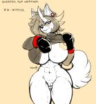  abs anthro areola band-aid band-aid_on_nose bandage big_areola big_breasts big_nipples biped black_nose blush blush_lines bodily_fluids boxing_gloves breasts butt_from_the_front canid canine canis chromefox clothing curled_tail curvy_figure digital_media_(artwork) domestic_dog ear_piercing english_text female fluffy fluffy_tail fur genitals gloves grin hair handwear handwear_only hi_res horn hourglass_figure huge_breasts husky hybrid inner_ear_fluff looking_at_viewer mammal messy_hair mostly_nude muscular muscular_anthro muscular_female navel nipples nordic_sled_dog one_eye_closed open_mouth piercing pink_areola pink_nipples portrait pussy short_hair signature simple_background smile snout solo spitz standing sweat sweater tan_background tan_hair teeth text thick_thighs three-quarter_portrait tomboy tongue topwear tuft under_boob undressing white_body white_fur white_horn white_tail wide_hips wynter yellow_eyes 