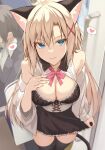  1girl ahoge animal_ear_fluff animal_ears bangs bare_shoulders black_bra black_legwear blonde_catgirl_(oota_yuuichi) blonde_hair blue_eyes bow bowtie bra breasts cat_ears cat_girl cat_tail cleavage clothes_lift commentary_request hand_on_own_chest heart highres large_breasts lifted_by_self lingerie long_hair looking_at_viewer miniskirt off_shoulder ohta_yuichi open_clothes open_shirt original parted_lips pink_bow pink_bowtie shirt shirt_lift skirt skirt_tug sleeveless sleeveless_shirt slit_pupils smile solo spoken_heart tail thighhighs underbust underwear very_long_hair zettai_ryouiki 