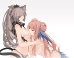  2girls ;( absurdres animal_ears arknights bangs bird_girl bird_tail black_bra black_panties blunt_bangs bra bra_pull breast_grab breast_smother breasts brown_hair cat_ears cat_girl cat_tail ceylon_(arknights) closed_mouth clothes_pull commentary english_commentary eyebrows_visible_through_hair face_to_breasts feather_hair grabbing hand_on_another&#039;s_shoulder highres l.v.c. large_breasts leaning_forward long_hair looking_at_another looking_down medium_breasts multiple_girls navel one_eye_closed panties pink_hair ponytail schwarz_(arknights) sideboob simple_background tail underwear underwear_only very_long_hair white_background white_bra white_panties yellow_eyes yuri 