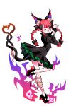  1girl ;d absurdres animal_ears ass black_bow blush bow braid cat_ears cat_tail dress extra_ears fang full_body hair_bow highres il_cocokana kaenbyou_rin leg_ribbon long_hair long_sleeves looking_at_viewer multiple_tails nekomata one_eye_closed open_mouth paw_pose red_eyes red_hair red_nails ribbon shoes skin_fang skull smile solo tail touhou twin_braids white_background 