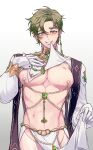  1boy blush earrings gem gloves green_eyes green_hair hand_on_own_chest heart heart-shaped_pupils hickey highres holding holding_clothes jewelry long_sleeves looking_at_viewer male_focus navel_piercing nipple_piercing nu_carnival olivine_(nu_carnival) pectorals pelvic_curtain piercing short_hair smile standing sweatdrop symbol-shaped_pupils white_gloves yoture23 