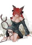  1girl absurdres animal_ears bare_shoulders barefoot black_dress bow braid breasts cat_ears cat_tail cleavage dress extra_ears eyebrows_behind_hair hair_bow highres kaenbyou_rin large_breasts light_smile long_hair long_sleeves looking_at_viewer multiple_tails nail_polish nekomata pointy_ears red_eyes red_hair red_nails reddizen sitting solo tail touhou twin_braids 