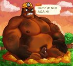  2022 angry animal_crossing anommyself anthro armor balls belly big_belly bodily_fluids cum detailed_background english_text erection eulipotyphlan genital_fluids genitals hard_hat headgear helmet human humanoid_genitalia humanoid_hands humanoid_penis male mammal mole_(animal) moobs mr._resetti musclegut nintendo nipples outside overweight overweight_male penis small_penis solo_focus text video_games villager_(animal_crossing) 