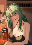  1girl :d arknights bangs bar bare_arms bare_shoulders blush bottle breasts camisole cleavage eyebrows_visible_through_hair fangs green_eyes green_hair head_tilt highres holding holding_bottle horns hoshiguma_(arknights) indoors large_breasts long_hair looking_at_viewer official_alternate_costume open_mouth ponytail single_horn skin-covered_horns smile solo solokitsune spaghetti_strap upper_body 