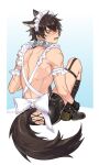  1boy animal_ears apron ass ass_cutout black_footwear black_gloves black_shorts brown_hair clothing_cutout collar fang garu_(nu_carnival) gem gloves highres looking_at_viewer looking_back maid_apron maid_headdress male_focus nu_carnival open_mouth scar scar_on_arm scar_on_back scar_on_face scar_on_leg scar_on_nose shorts sitting spiked_collar spikes sweatdrop tail white_collar wolf_boy wolf_ears wolf_tail yellow_eyes yoture23 