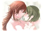 2girls aketa_mikoto asymmetrical_docking blurry blurry_background blush breast_press breasts brown_hair cleavage collarbone completely_nude eye_contact facing_another green_hair idolmaster idolmaster_shiny_colors large_breasts light_particles light_smile looking_at_another medium_breasts multiple_girls nanakusa_nichika nude profile sogdin upper_body yuri 