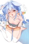  1girl animal_ears bangs barefoot black_tank_top blue_hair blush braid breasts carrot cleavage collarbone cup disposable_cup dolphin_shorts drink drinking_straw eyebrows_visible_through_hair full_body hair_between_eyes highres hololive long_hair midriff navel one_eye_closed open_mouth orange_eyes rabbit_ears short_shorts shorts shuri_(84k) sidelocks simple_background sitting small_breasts solo strap_slip sweat tank_top thick_eyebrows thighs twin_braids usada_pekora wariza white_background 