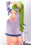 1girl adjusting_hair ahoge arm_behind_head arm_support arm_up armpits ass back bangs bottomless breasts cowboy_shot dated detached_sleeves eyebrows_visible_through_hair frog_hair_ornament from_behind green_eyes green_hair hair_ornament kei_jiei kochiya_sanae long_hair looking_at_viewer looking_back medium_breasts no_bra nontraditional_miko see-through see-through_shirt shirt sideboob simple_background single_hair_tube sleeveless sleeveless_shirt snake_hair_ornament solo standing tile_wall tiles touhou white_background white_shirt wide_sleeves 