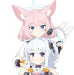  2girls aburaage aku_oribi animal_ears bangs blue_archive blue_eyes blunt_bangs commentary_request eating eyebrows_visible_through_hair fake_animal_ears food fox_ears grey_eyes grey_hair hair_between_eyes hair_ornament hair_scrunchie halo headset headset_removed highres holding holding_food long_hair long_sleeves looking_at_viewer miyako_(blue_archive) multiple_girls nico_(blue_archive) one_side_up parted_lips pink_hair rabbit_ears school_uniform scrunchie serafuku short_hair sidelocks simple_background white_background 
