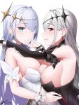  2girls asymmetrical_docking azur_lane bangs bare_shoulders black_dress blue_eyes breast_press breasts chain circlet cleavage closed_mouth cracked_skin cuffs dated detached_collar detached_sleeves dress dual_persona earrings emden_(azur_lane) eyebrows_visible_through_hair flower flower_eyepatch grey_hair hand_on_another&#039;s_chin highres jewelry large_breasts lock long_hair long_sleeves multiple_girls nevven padlock parted_lips profile red_eyes rose shackles short_sleeves sideways_mouth signature simple_background smile strapless strapless_dress upper_body white_background white_dress white_flower white_hair white_rose wrist_cuffs 