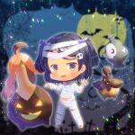  :d animal bangs barefoot bat bat_hair_ornament black_hair blurry blurry_background blush chibi commentary_request commission crossover depth_of_field duskull fang full_moon gourgeist grey_hair hair_ornament kantai_collection kou_hiyoyo looking_at_viewer moon mummy_costume pokemon pokemon_(creature) pumpkaboo scirocco_(kancolle) short_hair silk skeb_commission skull_hair_ornament smile spider_web standing swept_bangs two_side_up 