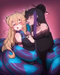  2girls ;o ? arknights bangs bare_shoulders black_hair blonde_hair blush breast_grab breasts collarbone commentary_request detached_sleeves double_bun eyebrows_visible_through_hair grabbing gradient gradient_background hair_between_eyes hair_ornament hair_stick hairclip highres horns lamia large_breasts leizi_(arknights) licking licking_ear long_hair long_sleeves monster_girl multicolored_hair multiple_girls one_eye_closed open_mouth original pink_background pointy_ears purple_eyes purple_hair restrained rikuguma saliva sleeveless streaked_hair tongue tongue_out two-tone_hair very_long_hair wide_sleeves yuri 