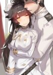  1boy 1girl animal_ears azur_lane black_hair blush bow breasts commander_(azur_lane) dog_ears hair_ears hair_flaps highres hug hug_from_behind large_breasts long_hair long_sleeves military military_uniform naval_uniform ponytail takao_(azur_lane) uniform white_bow yellow_eyes yueqin_(monnpiano) 