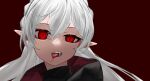  1girl albino ao_oni_(onioni-aoi) arknights bangs blood blood_on_face eyebrows_behind_hair fangs highres looking_at_viewer open_mouth pointy_ears portrait red_background red_eyes simple_background solo teeth tongue tongue_out vampire warfarin_(arknights) white_hair 