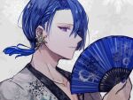  1boy adam&#039;s_apple blue_hair blue_nails collarbone earrings from_side grey_background hair_over_one_eye hand_fan highres hijirikawa_masato holding holding_fan jewelry light_smile looking_at_viewer male_focus mole mole_under_eye official_alternate_costume official_alternate_hairstyle parted_lips pelee portrait profile purple_eyes shirt short_hair single_earring snowflake_background snowflake_print solo straight_hair tassel tassel_earrings uta_no_prince-sama white_shirt 