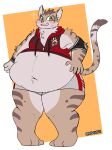  3_toes 5_fingers absurd_res anthro armband belly big_belly blush bodily_fluids bottomwear brown_nose clothing countershade_belly countershading drawstrings exposed_belly fangs feet felid fingers fur green_eyes hi_res hotpants leopard male mammal navel neck_tuft nekojishi obese obese_anthro obese_male open_mouth overweight overweight_anthro overweight_male pantherine pink_tongue shorts shu-chi sleeveless_hoodie solo standing stripes studio_klondike sweat sweatdrop tan_belly tan_body tan_fur teeth thick_thighs toes tongue tuft v1sage video_games visual_novel zipper 