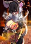  1girl alternate_costume animal_ears bangs black_hair blurry blurry_background blush breasts cleavage depth_of_field eyebrows_visible_through_hair floral_print flower hair_flower hair_ornament highres japanese_clothes kimono large_breasts looking_at_viewer mouse_ears mouse_tail nazrin night open_mouth outdoors red_eyes smile solo tail touhou wide_sleeves yukito_(dreamrider) 