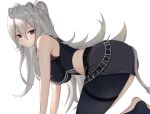  1girl absurdres ahoge all_fours animal_ears ass bare_shoulders black_shirt breasts closed_mouth crop_top eyebrows_visible_through_hair from_side grey_eyes grey_hair hair_between_eyes highres hololive large_breasts lion_ears lion_girl lion_tail long_hair looking_at_viewer midriff shirt shishiro_botan sidelocks simple_background single_thighhigh skin_tight skirt sleeveless sleeveless_shirt solo tail thighhighs tight_top two_side_up very_long_hair vii22581034 virtual_youtuber white_background 