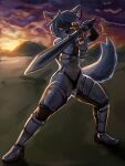  2019 anthro armor black_nose blue_body blue_fur blue_hair breasts canid canine canis digital_media_(artwork) female fur general-irrelevant hair hi_res holding_object holding_sword holding_weapon looking_at_viewer maku_(maku450) mammal melee_weapon navel outside short_hair smile solo standing sunset sword unconvincing_armor weapon wolf yellow_eyes 