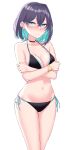  1girl aqua_eyes bare_arms bare_shoulders bikini black_bikini black_choker black_hair blush breasts choker cleavage closed_mouth collarbone colored_inner_hair covering covering_breasts cowboy_shot embarrassed halter_top halterneck highres ichiki_1 looking_at_viewer medium_breasts mole mole_under_eye multicolored_hair navel nose_blush original short_hair side-tie_bikini simple_background solo standing stomach strap_gap string_bikini swimsuit white_background 