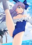  1girl bangs bare_shoulders blue_eyes blue_ribbon blush breasts choker collarbone cross_(crossryou) fate/grand_order fate_(series) frills groin hair_ribbon highleg highleg_swimsuit highres leg_lift long_hair long_sleeves meltryllis_(fate) meltryllis_(swimsuit_lancer)_(fate) off-shoulder_one-piece_swimsuit off_shoulder one-piece_swimsuit open_mouth prosthesis prosthetic_leg puffy_sleeves purple_hair ribbon sleeves_past_fingers sleeves_past_wrists small_breasts solo swimsuit thighs very_long_hair white_ribbon 