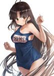  1girl ahoge bare_arms bare_legs bare_shoulders black_hair blue_swimsuit blush brown_eyes closed_mouth cowboy_shot kantai_collection long_hair name_tag old_school_swimsuit one-piece_swimsuit school_swimsuit shouhou_(kancolle) simple_background smile solo swimsuit toka_(marchlizard) very_long_hair white_background 