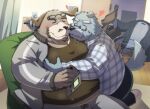  2022 anthro belly big_belly bottomwear brown_body canid canine canis clothing domestic_dog duo emufu eyes_closed eyewear facial_hair glasses hi_res humanoid_hands inside kemono male male/male mammal mature_male mustache overweight overweight_male pants shirt sitting topwear 