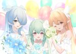  3girls balloon bangs bare_shoulders blonde_hair blue_eyes blue_flower blue_rose bouquet brown_eyes collar collarbone commentary_request detached_collar dress elira_pendora eyebrows_visible_through_hair finana_ryugu flower green_eyes green_hair hair_between_eyes hair_flower hair_ornament hair_over_one_eye halterneck highres holding holding_bouquet lazulight multiple_girls nijisanji nijisanji_en off-shoulder_dress off_shoulder pomu_rainpuff purple_eyes roido_(taniko-t-1218) rose virtual_youtuber white_collar white_dress white_flower white_rose wing_collar 