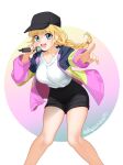  1girl :d black_headwear black_shorts blonde_hair blue_eyes breasts collarbone dopamine70 hat highres holding holding_microphone jacket large_breasts legs long_sleeves looking_at_viewer microphone multicolored_background multicolored_clothes multicolored_jacket paripi_koumei round_teeth shirt shorts simple_background smile solo standing teeth thighs tsukimi_eiko twitter_username two-tone_background upper_teeth white_background white_shirt 