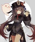  1225ka 1girl :3 bangs black_nails brown_coat brown_hair brown_headwear brown_shorts claw_pose closed_mouth coat coattails flower genshin_impact ghost hat hat_flower hat_tassel highres hu_tao_(genshin_impact) long_hair long_sleeves looking_at_viewer plum_blossoms porkpie_hat red_eyes red_flower shorts sidelocks smile solo talisman tassel tongue tongue_out twintails very_long_hair 