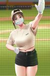  1girl absurdres backwards_hat baseball_cap baseball_stadium braid breasts brown_hair gloves hand_on_hip hand_up hat highleg_shorts highres kilesha large_breasts mask midriff midriff_peek mouth_mask navel original realistic shirt solo t-shirt thighs twin_braids 