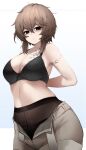  1girl arms_behind_back black_bra blue_background bra breasts brown_hair cleavage closed_mouth cowboy_shot gradient gradient_background highres ka941 karinn_(ka941) original pantyhose shorts simple_background solo tattoo underwear white_background 