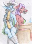  2017 absurd_res anthro arms_tied ball_gag bikini biped black_hair blue_body blue_eyes blue_skin bound breasts clothing colored_pencil_(artwork) dragon duo ears_back eye_contact female gag gagged green_eyes hair hands_behind_back hi_res horn improvised_gag inside legs_tied long_hair looking_aside looking_at_another mostly_nude pivoted_ears purple_hair red_body red_skin scales simple_background sitting slim spiritalpha swimwear tape tape_bondage tape_gag tied_to_chair traditional_media_(artwork) 