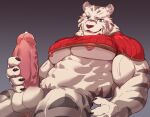  anthro balls blue_eyes clothed clothing felid fur genitals istani male mammal mercenary_(character) mostly_nude muscular muscular_anthro muscular_male nipples nude pantherine partially_clothed penis red_clothing solo tiger vein veiny_muscles veiny_penis white_body white_fur yohei 