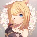  1girl ;o animal_ears avatar_(ff14) bare_shoulders black_gloves blonde_hair blue_eyes breasts cat_ears cat_girl final_fantasy final_fantasy_xiv floral_background gloves medium_breasts medium_hair miqo&#039;te one_eye_closed sen_(5710265) 