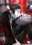  1boy black_eyes black_hair black_jacket daenarys english_commentary flower from_side fur_trim holding holding_sword holding_weapon jacket looking_back male_focus official_art red_flower rpr scarz skull solo sword undercut virtual_youtuber weapon 