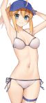  1girl absurdres ahoge arm_up armpits artoria_pendragon_(fate) baseball_cap bikini blue_eyes blue_headwear breasts closed_mouth eyebrows_visible_through_hair fate/grand_order fate_(series) hair_between_eyes hair_through_headwear hat highres kopaka_(karda_nui) leg_garter looking_at_viewer medium_breasts mysterious_heroine_xx_(fate) ponytail short_hair simple_background smile solo swimsuit thighs white_background white_bikini 